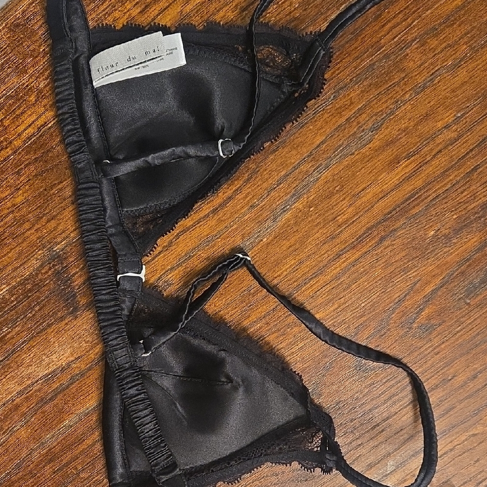 Fleur du Mal Black Lace Triangle Bralette with Satin Garter Panty Set - Picture 4 of 10
